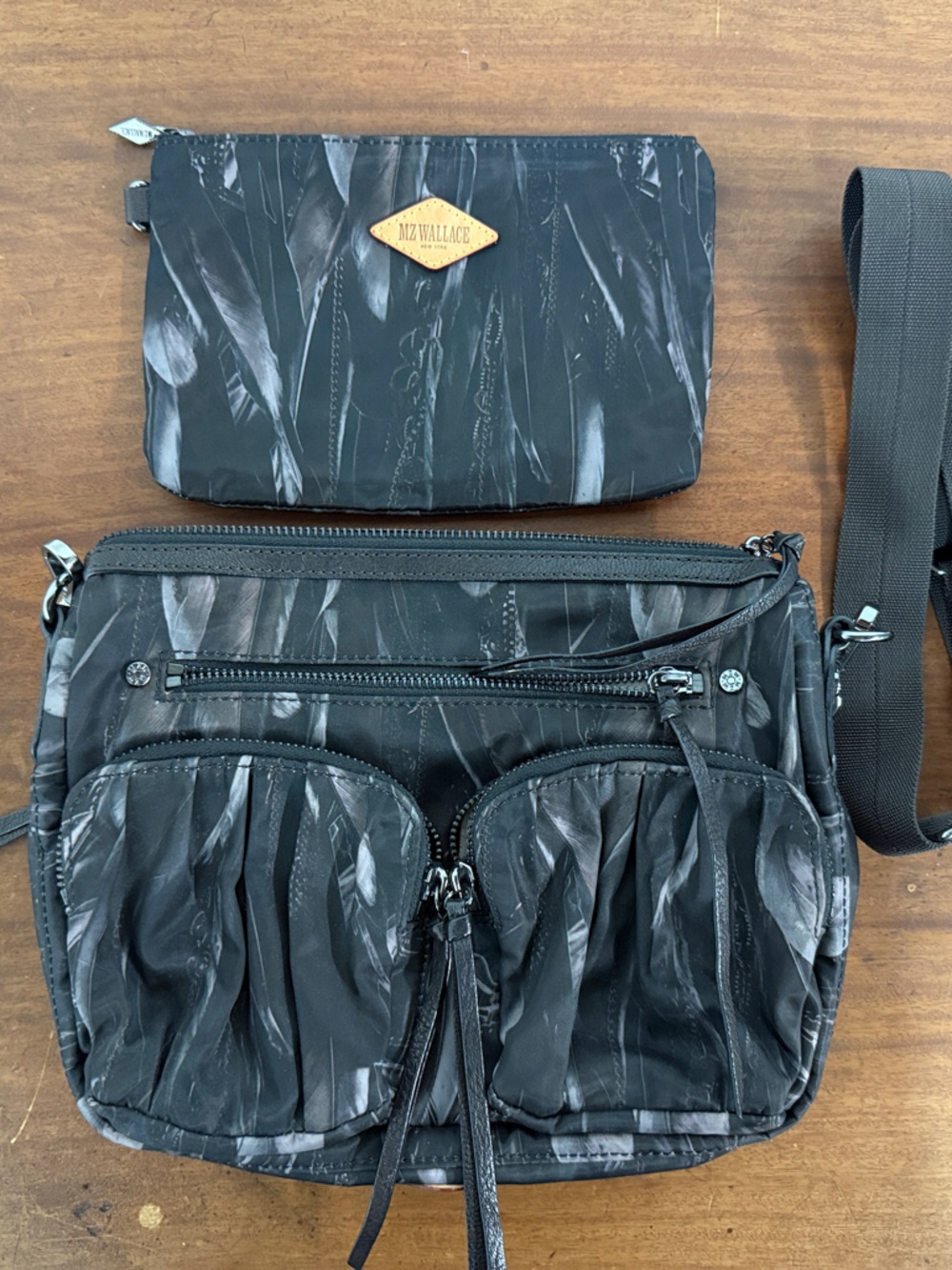 MZ Wallace Black Patterned Nylon Crossbody with Removable Pouch